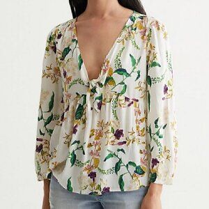 LUCKY BRAND Malia Peasant Top White Green Floral V-Neck Cutout Tie Long Sleeve